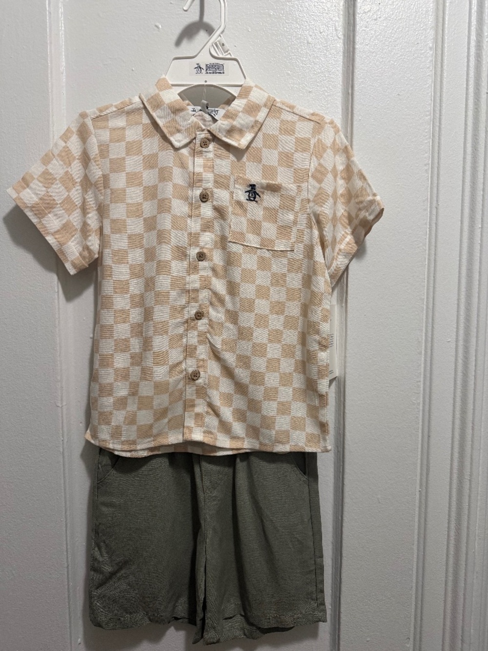 Original Penguin Beige and White Check Short Sleeve Shirt with Olive Shorts